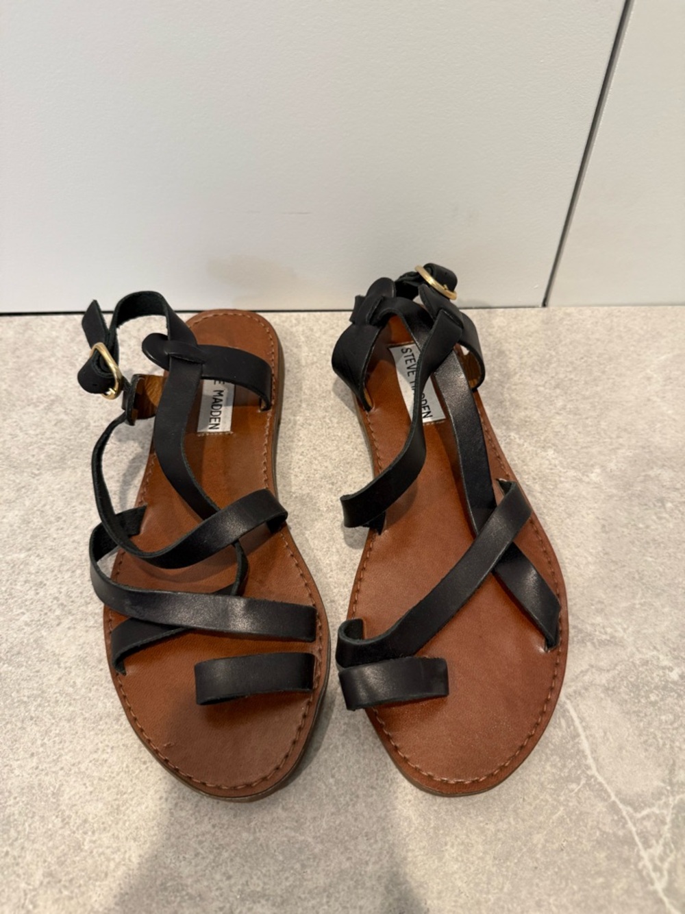 Steve Madden Black Strappy Sandals with Brown Footbed